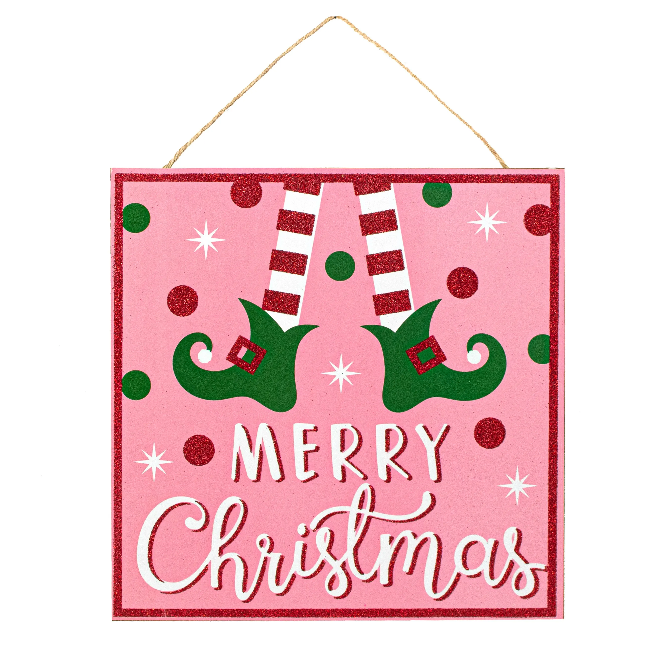10" Square Wooden Sign: Light Pink Glitter Christmas Elf