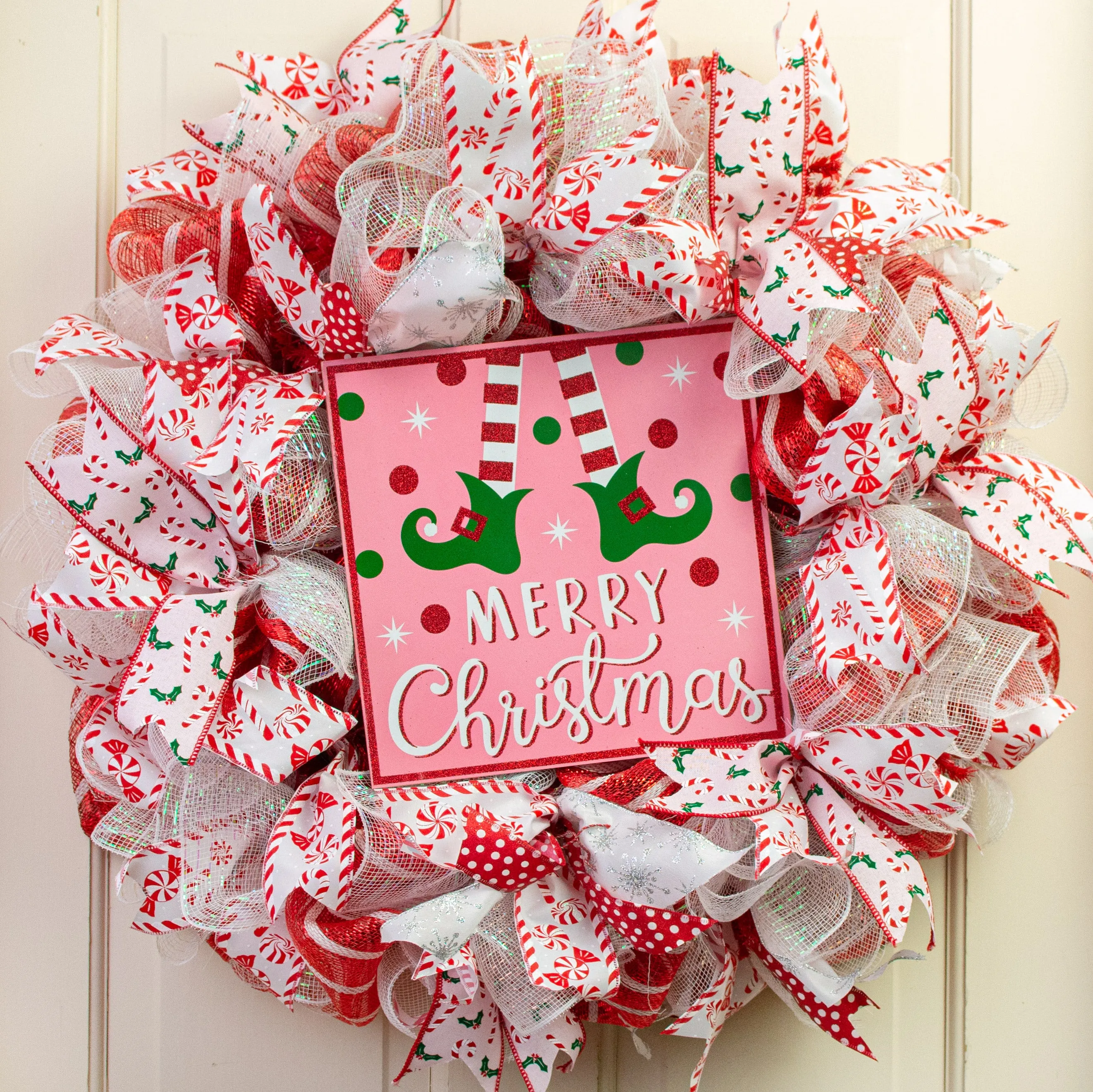 10" Square Wooden Sign: Light Pink Glitter Christmas Elf