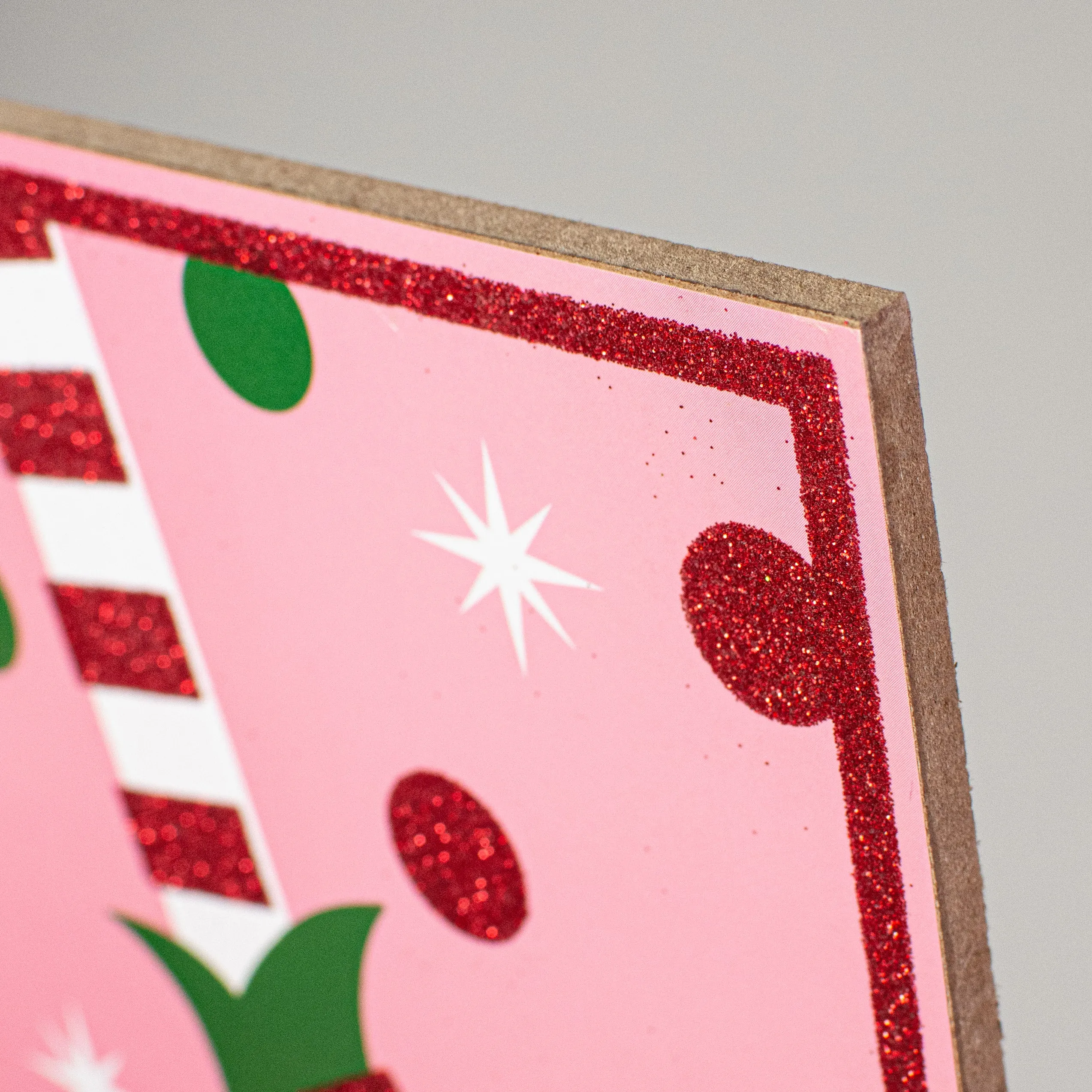 10" Square Wooden Sign: Light Pink Glitter Christmas Elf