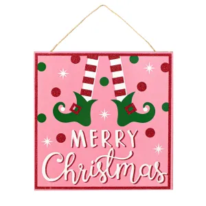 10" Square Wooden Sign: Light Pink Glitter Christmas Elf