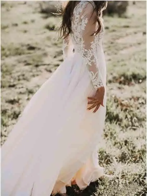 A Line Long Sleeve Lace Appliqued Ivory Beach Wedding Dress PFW0018