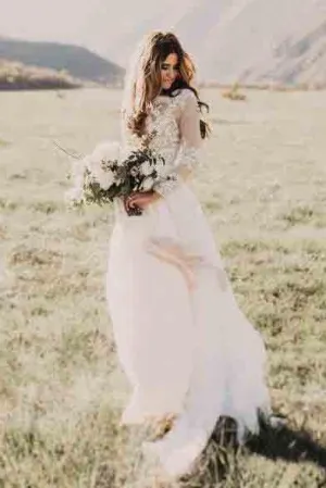 A Line Long Sleeve Lace Appliqued Ivory Beach Wedding Dress PFW0018