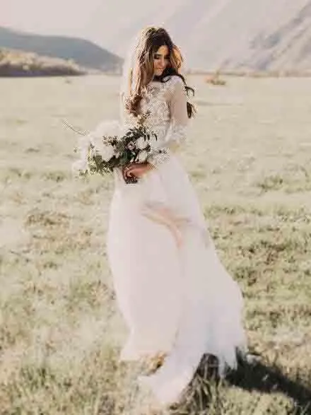 A Line Long Sleeve Lace Appliqued Ivory Beach Wedding Dress PFW0018