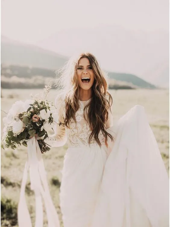 A Line Long Sleeve Lace Appliqued Ivory Beach Wedding Dress PFW0018