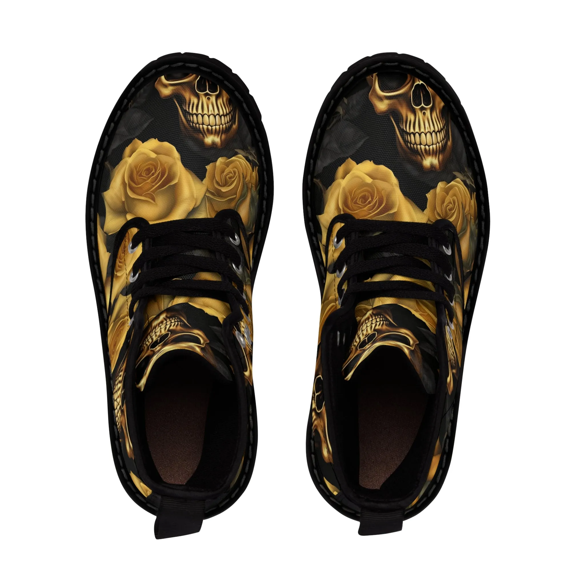 A1 Who Dares Wins No 2 Gothic Skulls and Gold Roses Canvas Boots AOP