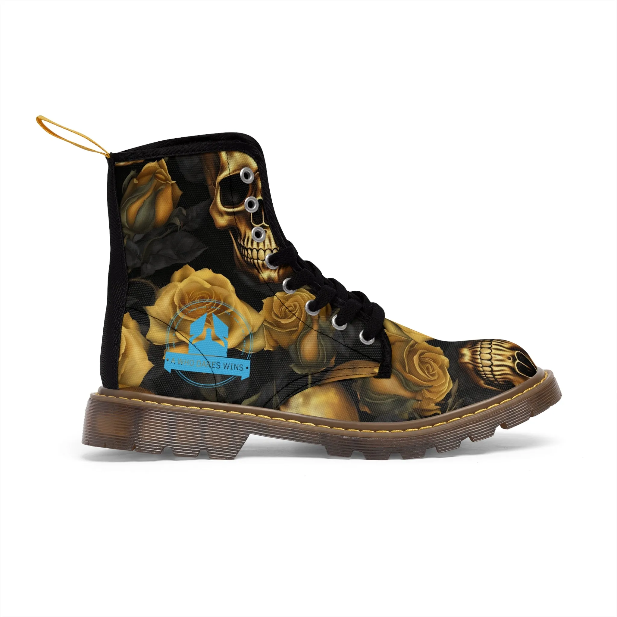 A1 Who Dares Wins No 2 Gothic Skulls and Gold Roses Canvas Boots AOP