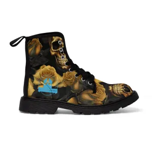 A1 Who Dares Wins No 2 Gothic Skulls and Gold Roses Canvas Boots AOP