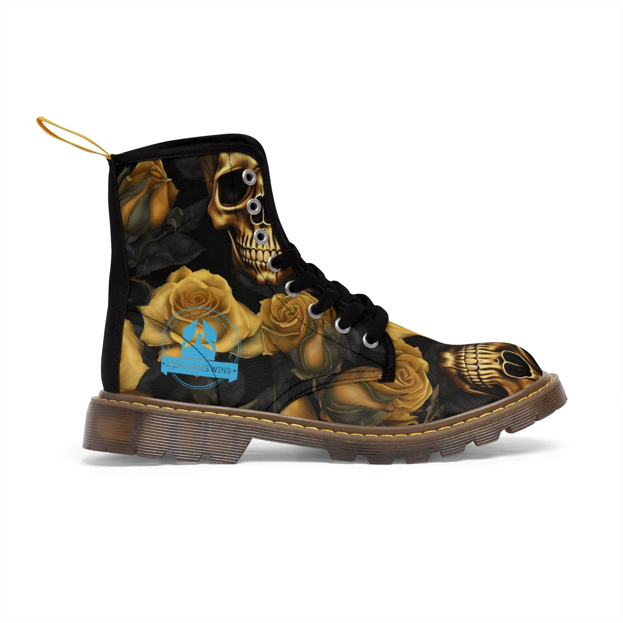 A1 Who Dares Wins No 2 Gothic Skulls and Gold Roses Canvas Boots AOP