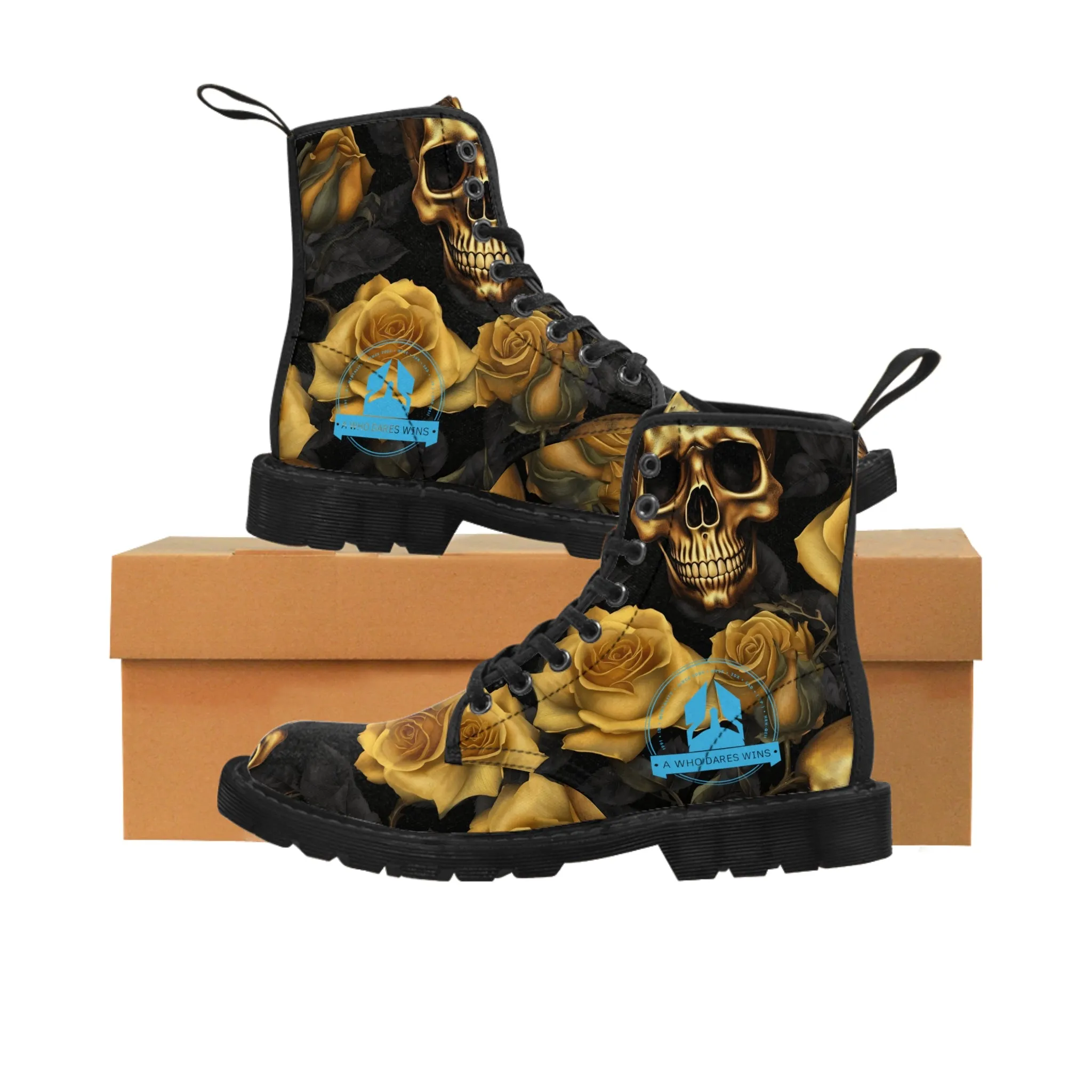 A1 Who Dares Wins No 2 Gothic Skulls and Gold Roses Canvas Boots AOP