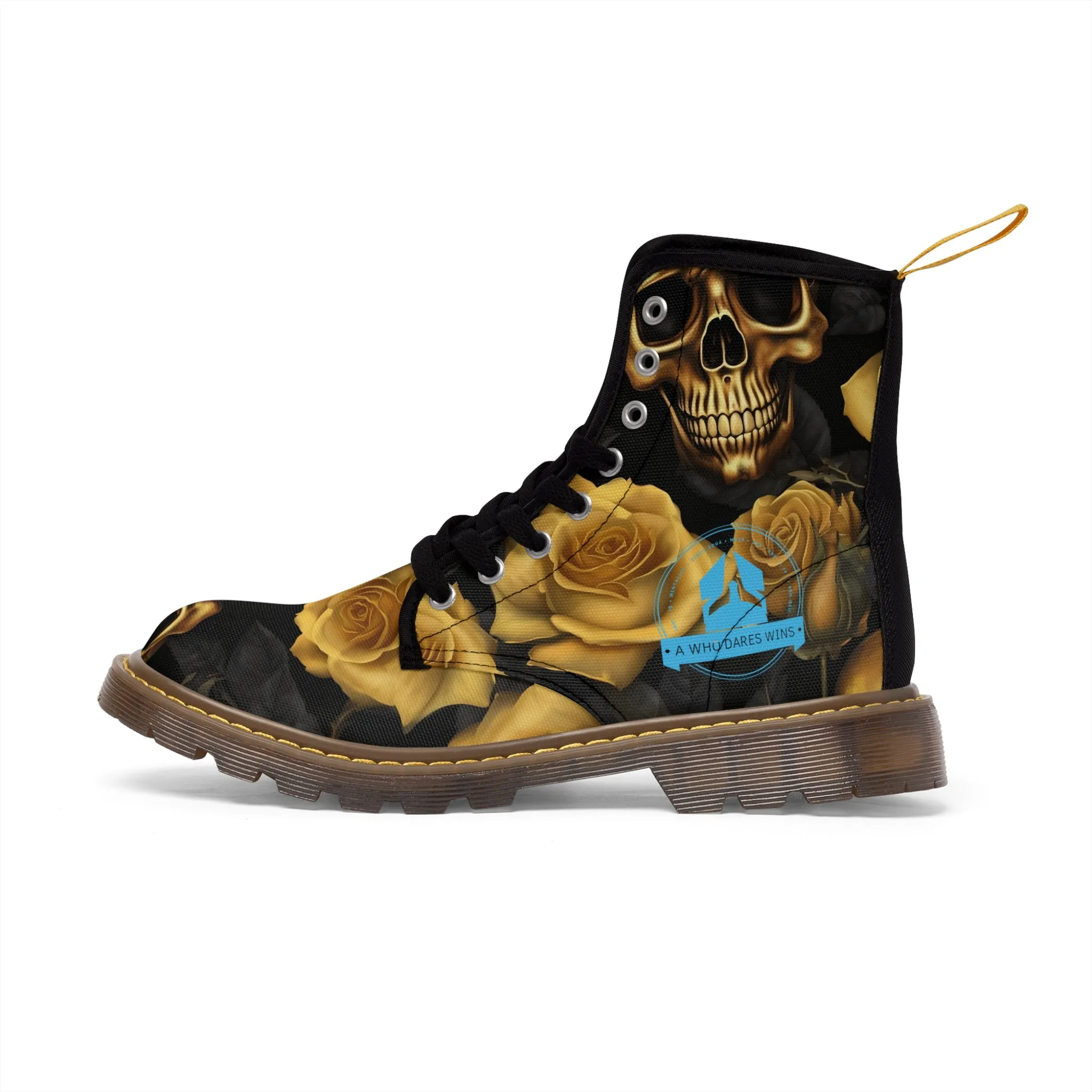 A1 Who Dares Wins No 2 Gothic Skulls and Gold Roses Canvas Boots AOP