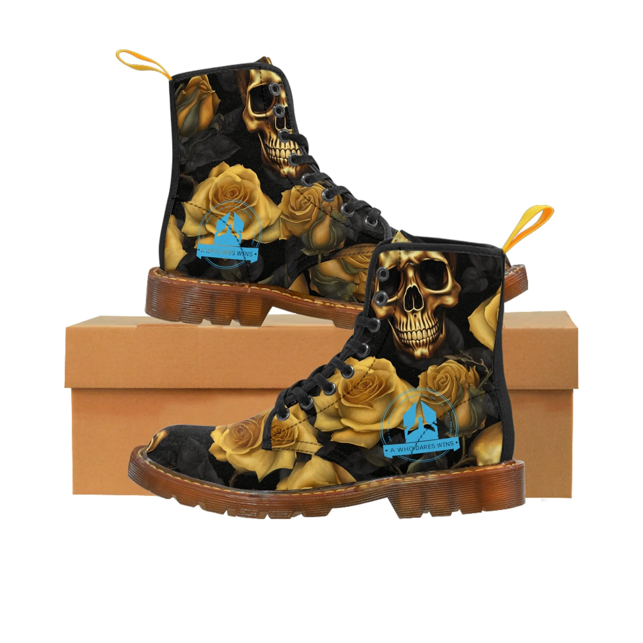 A1 Who Dares Wins No 2 Gothic Skulls and Gold Roses Canvas Boots AOP
