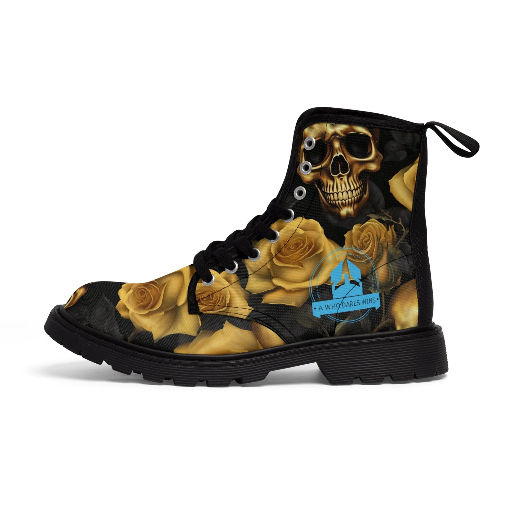 A1 Who Dares Wins No 2 Gothic Skulls and Gold Roses Canvas Boots AOP