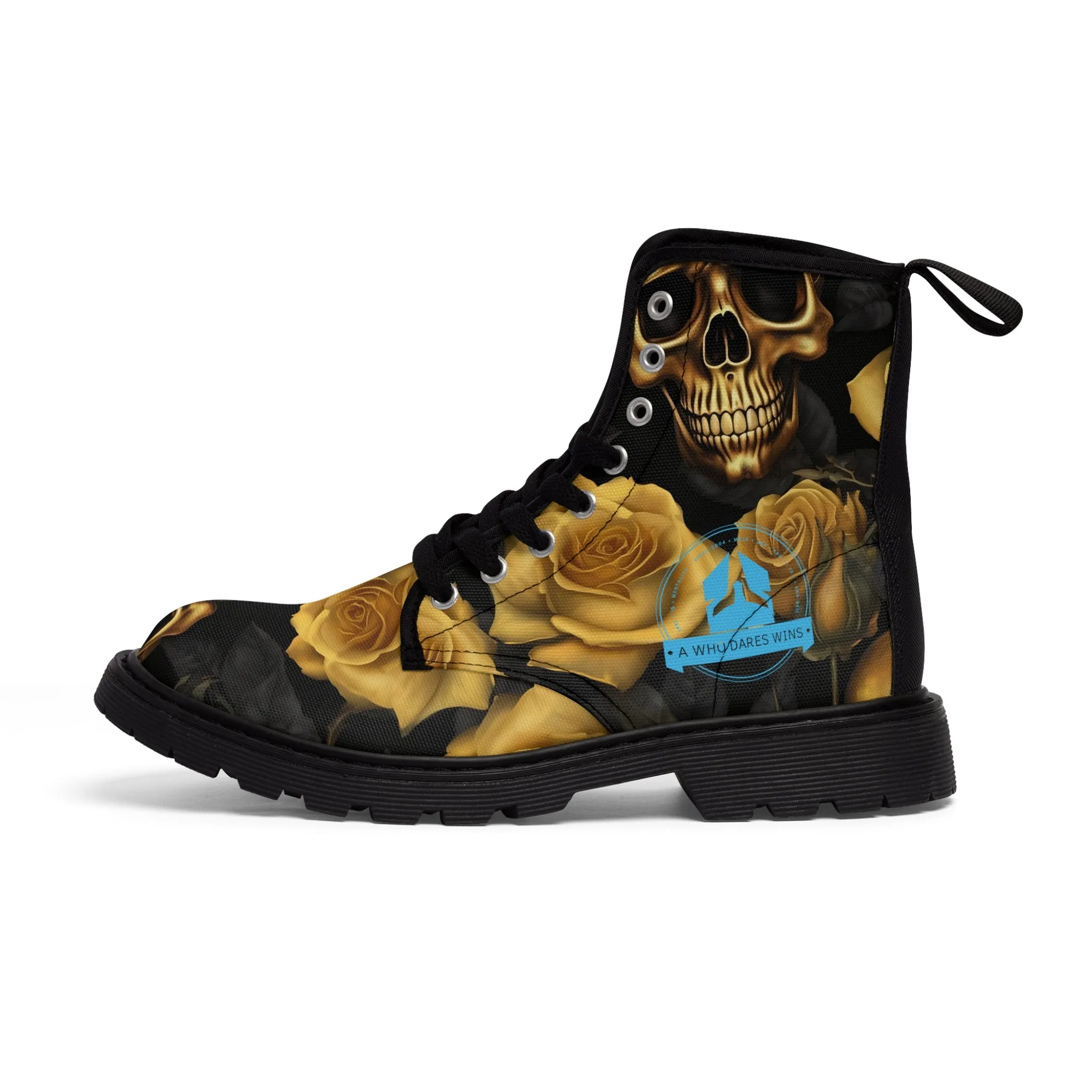 A1 Who Dares Wins No 2 Gothic Skulls and Gold Roses Canvas Boots AOP