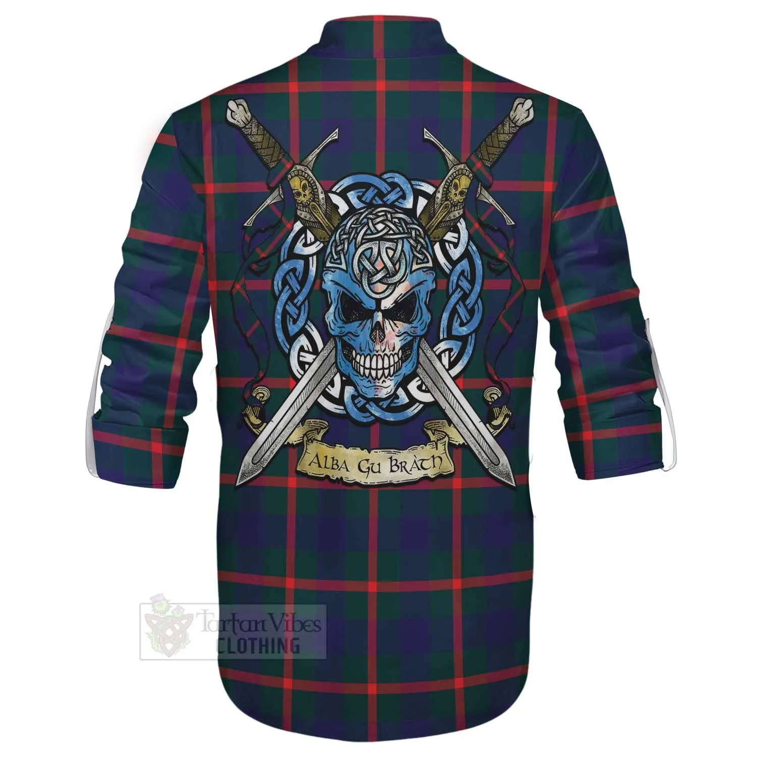 Agnew Tartan Ghillie Kilt Shirt with Family Crest Celtic Skull Style