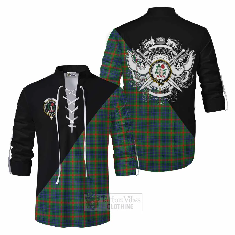 Aiton Tartan Ghillie Kilt Shirt with Family Crest and Military Logo Style