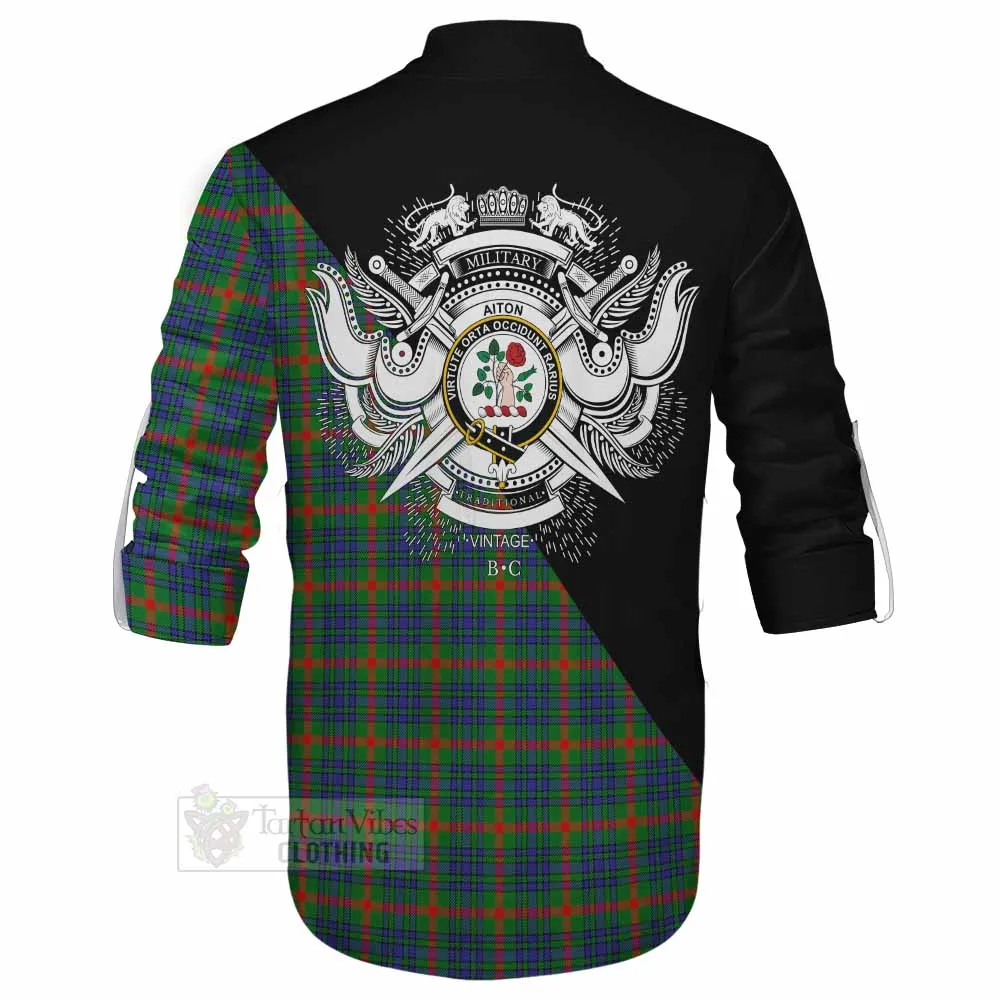 Aiton Tartan Ghillie Kilt Shirt with Family Crest and Military Logo Style