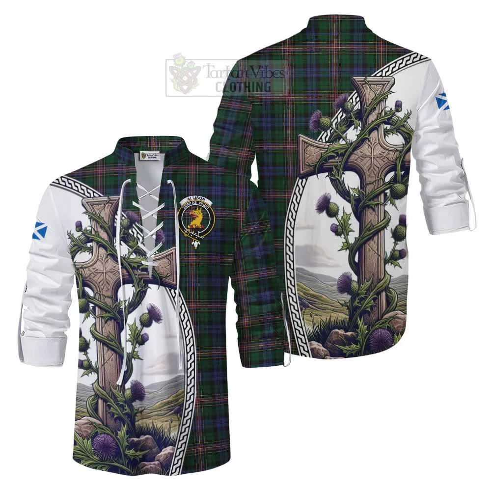 Allison Tartan Ghillie Kilt Shirt with Family Crest and St. Andrew's Cross Accented by Thistle Vines