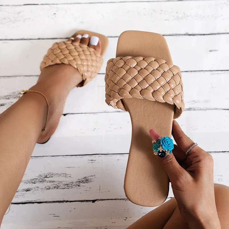 AMOZAE- - Plus Size Weaving Flat Slippers Summer Beach Flip Flops
