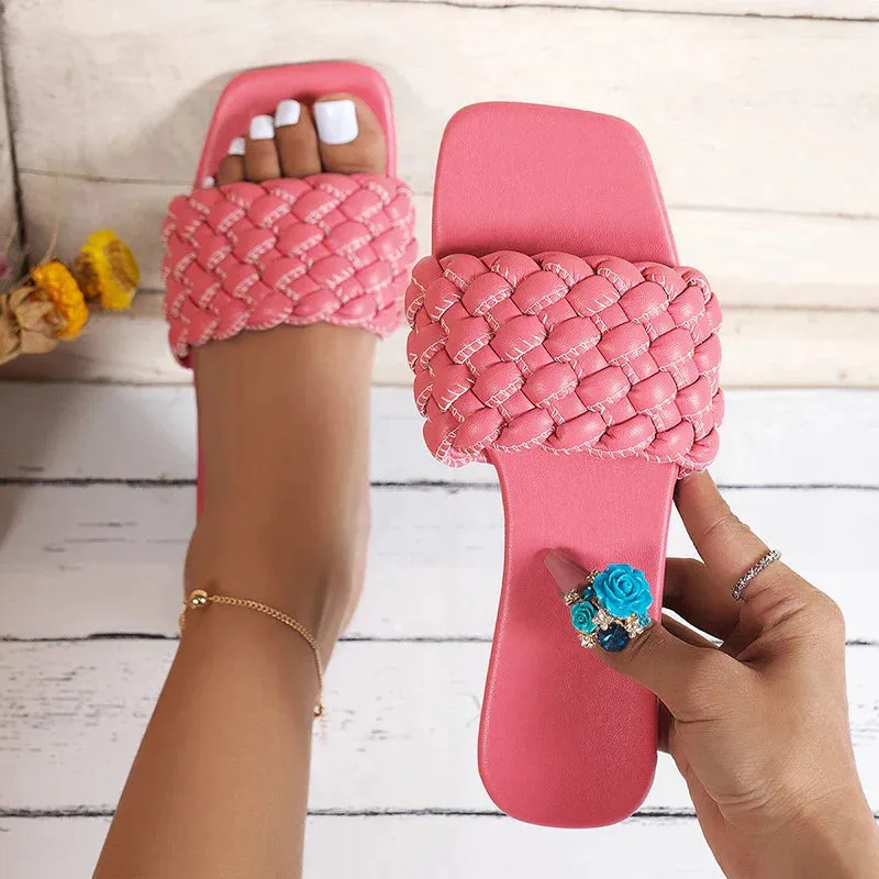 AMOZAE- - Plus Size Weaving Flat Slippers Summer Beach Flip Flops