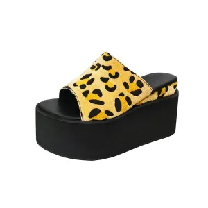 Animal Print Fur Thick Strap Platform Wedge Heels