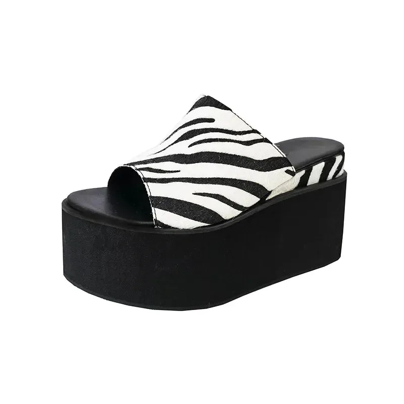 Animal Print Fur Thick Strap Platform Wedge Heels