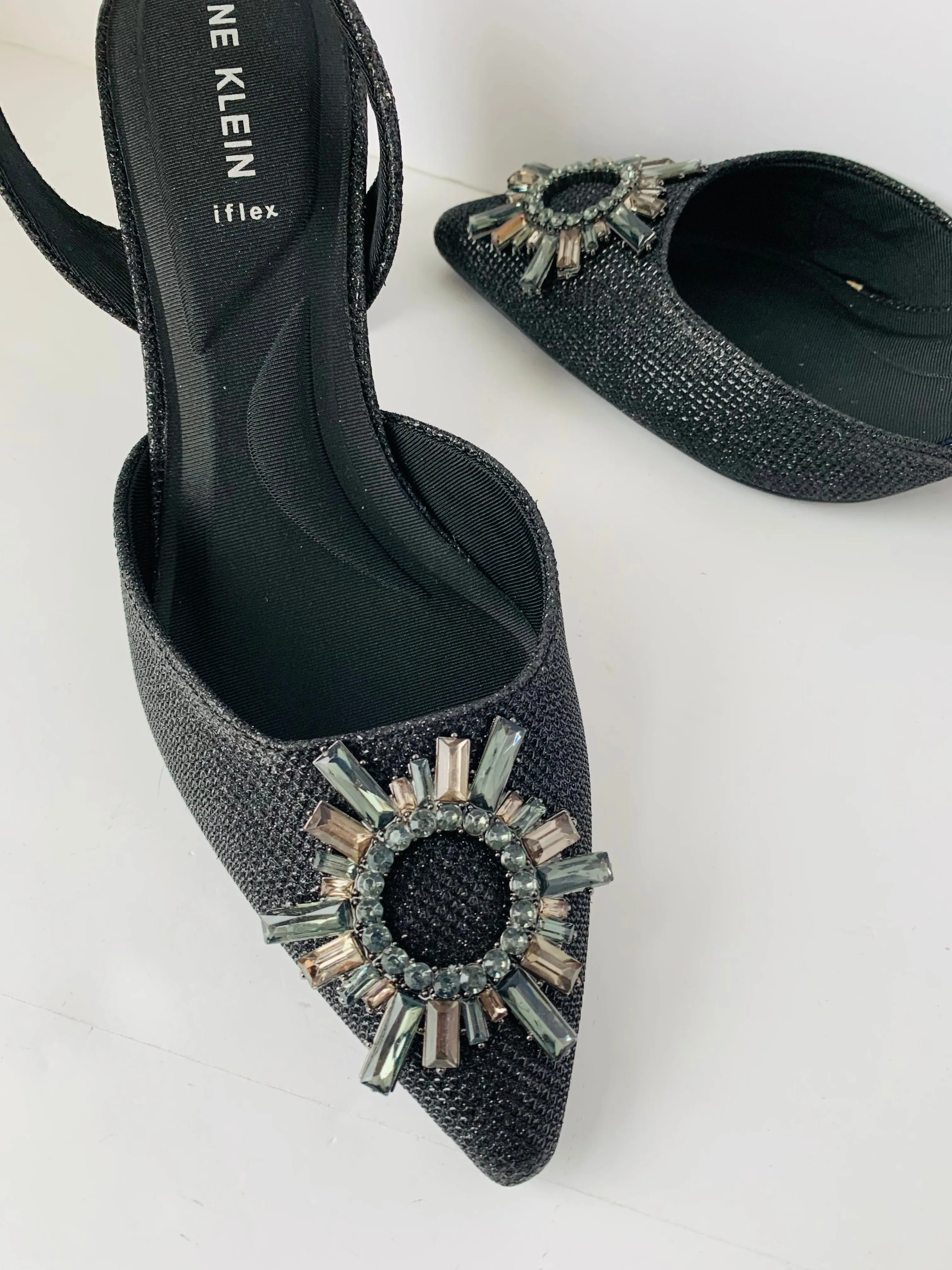 Anne Klein Billie Iflex Black Glitter Rhinestone Embellished Slingback Heels Size 7.5 NEW