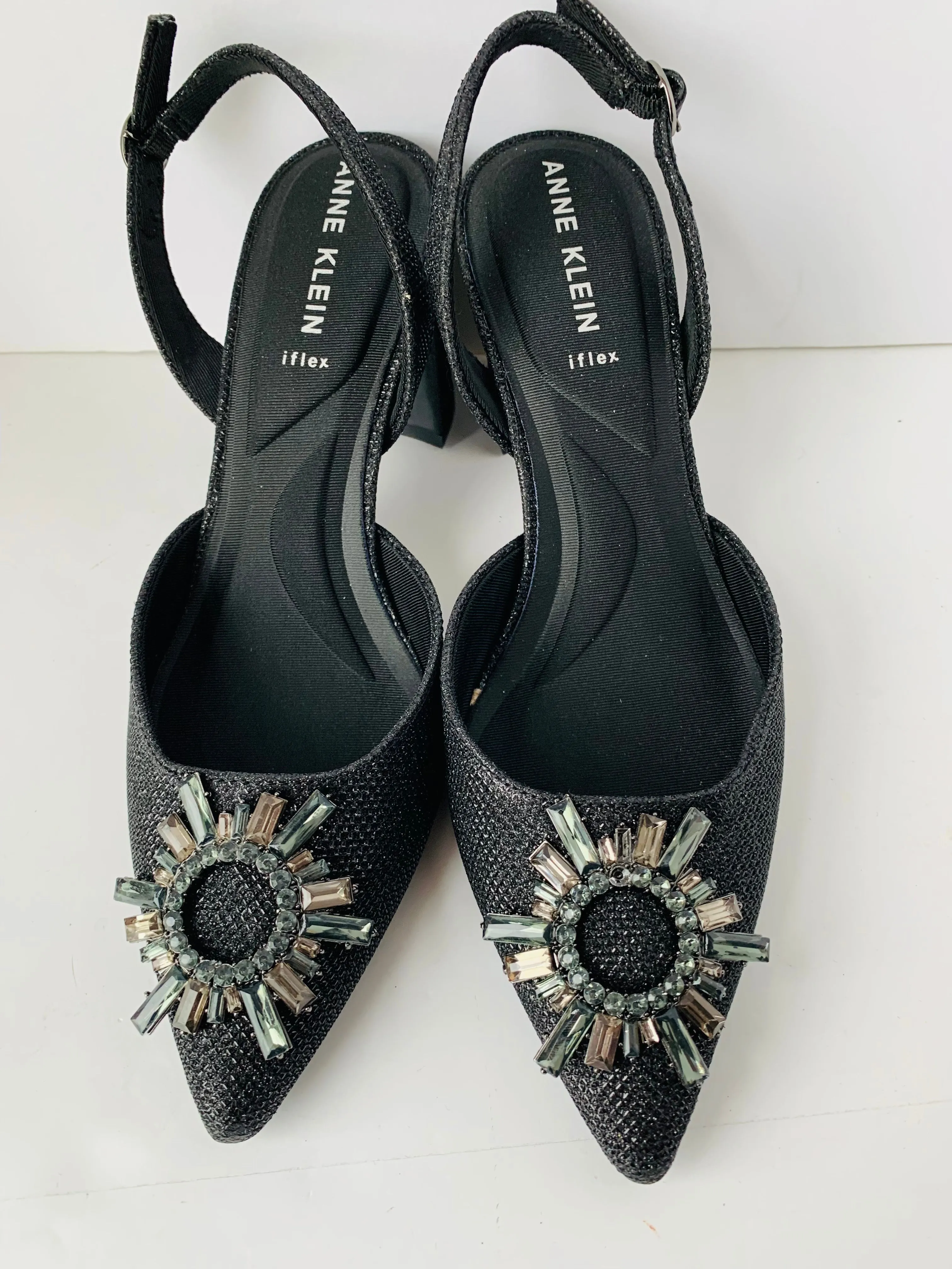 Anne Klein Billie Iflex Black Glitter Rhinestone Embellished Slingback Heels Size 7.5 NEW