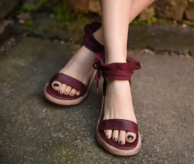 ARTMU WIDE FIT ANKLE TIE WEDGE SANDALS IN BURGUNDY