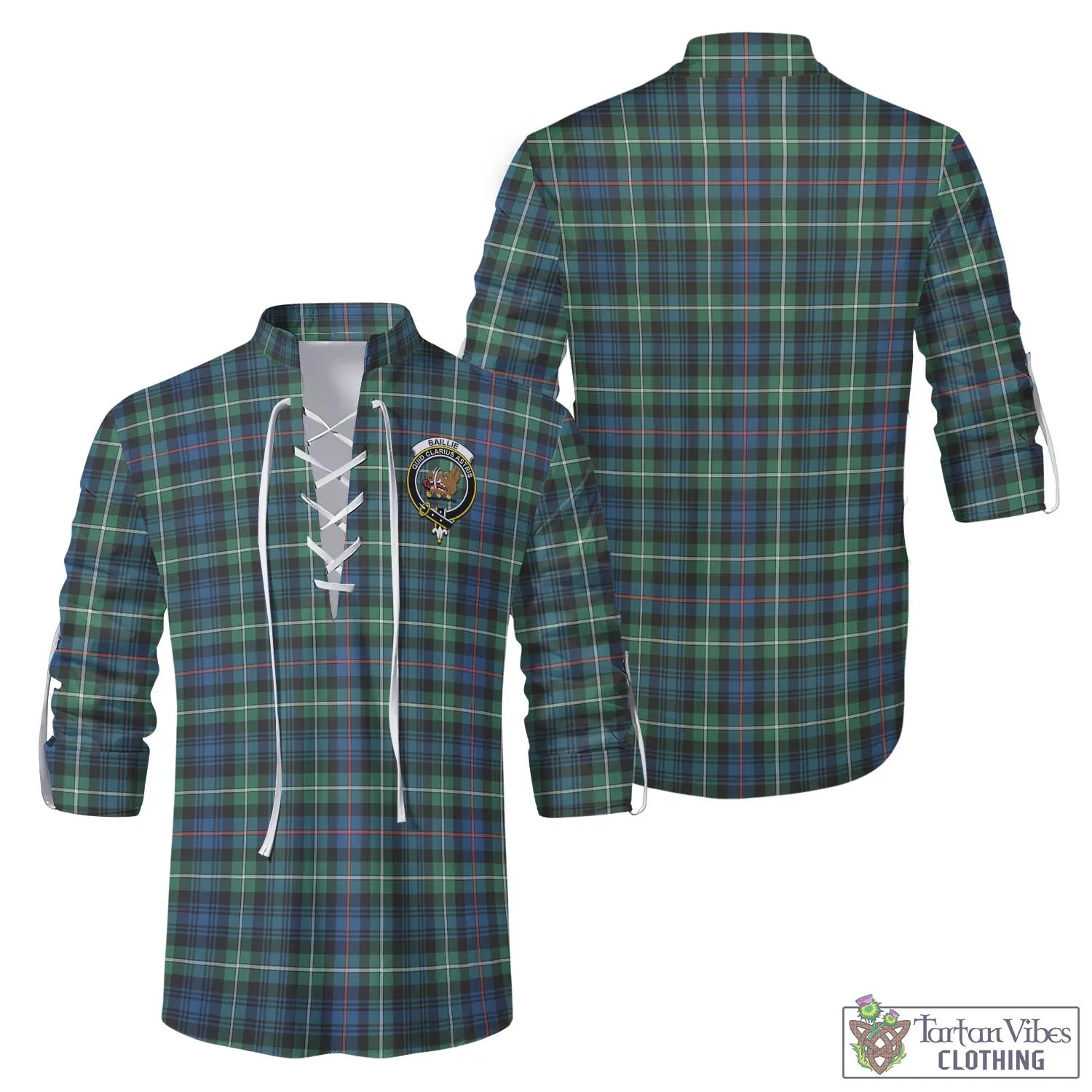 Baillie Ancient Tartan Men's Scottish Traditional Jacobite Ghillie Kilt Shirt with Family Crest
