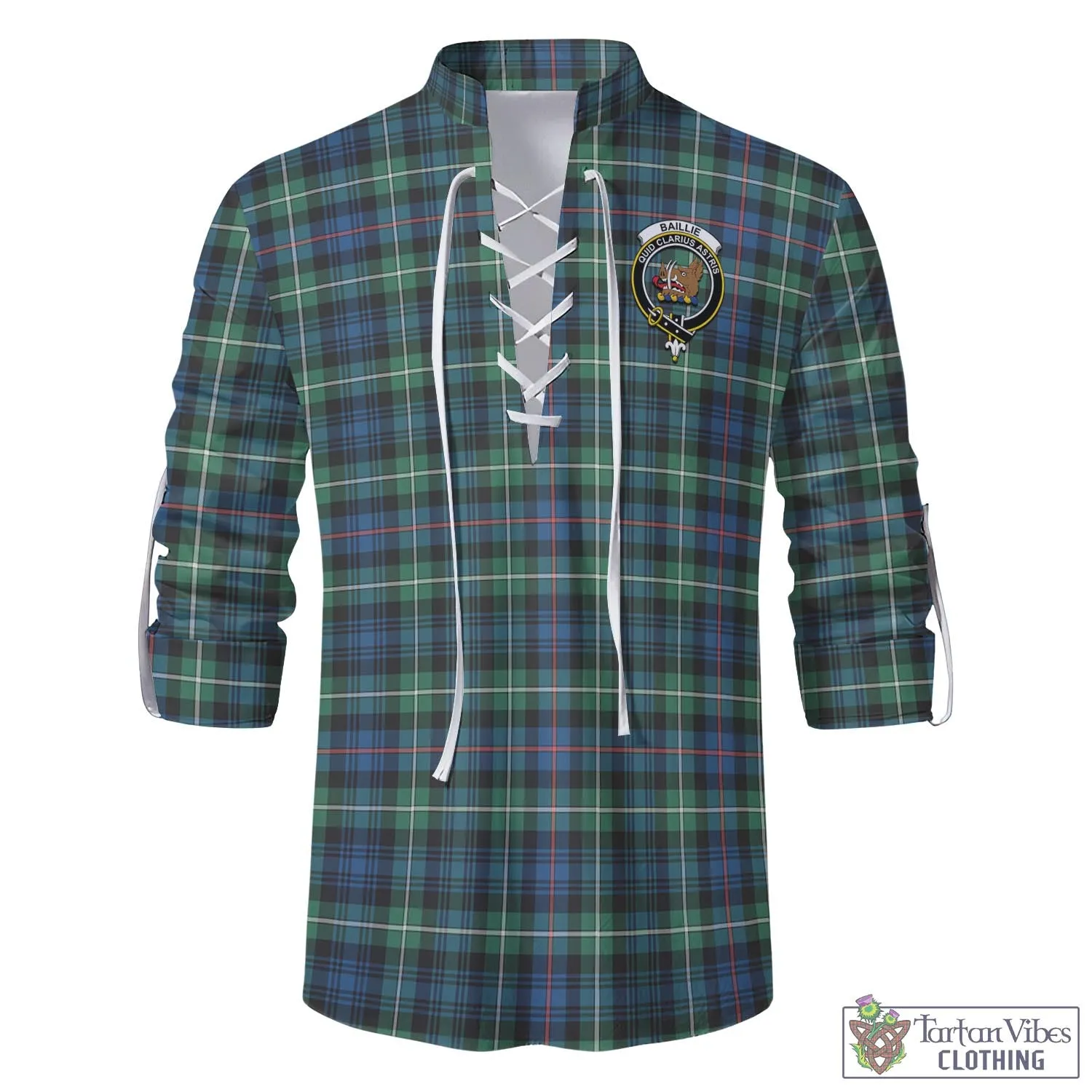 Baillie Ancient Tartan Men's Scottish Traditional Jacobite Ghillie Kilt Shirt with Family Crest