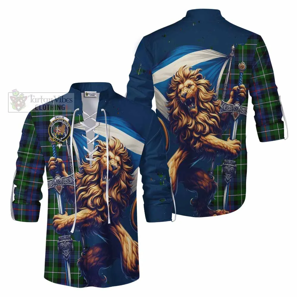 Baillie (Bailey) Tartan Family Crest Ghillie Kilt Shirt with Scottish Majestic Lion