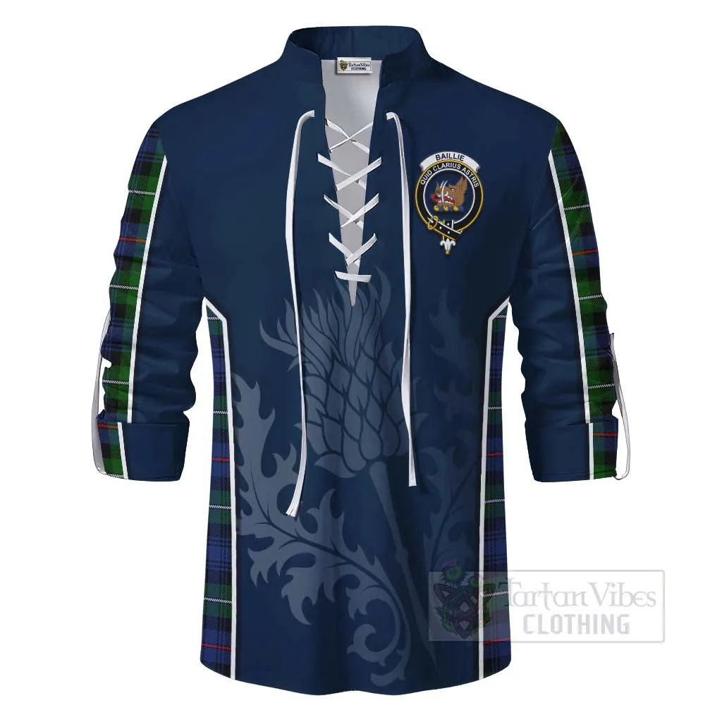 Baillie (Bailey) Tartan Ghillie Kilt Shirt with Family Crest and Scottish Thistle Vibes Sport Style