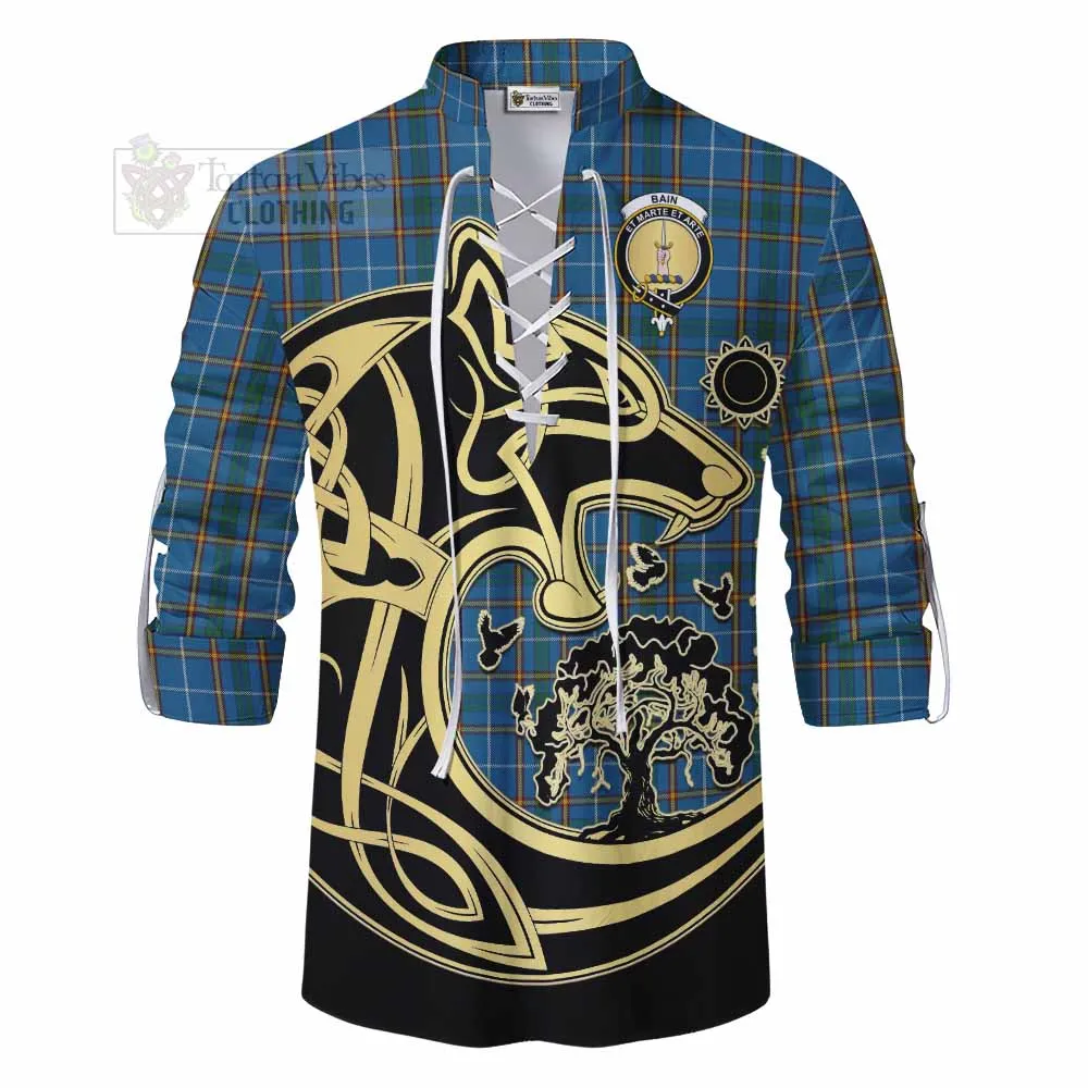 Bain Tartan Ghillie Kilt Shirt with Family Crest Celtic Wolf Style