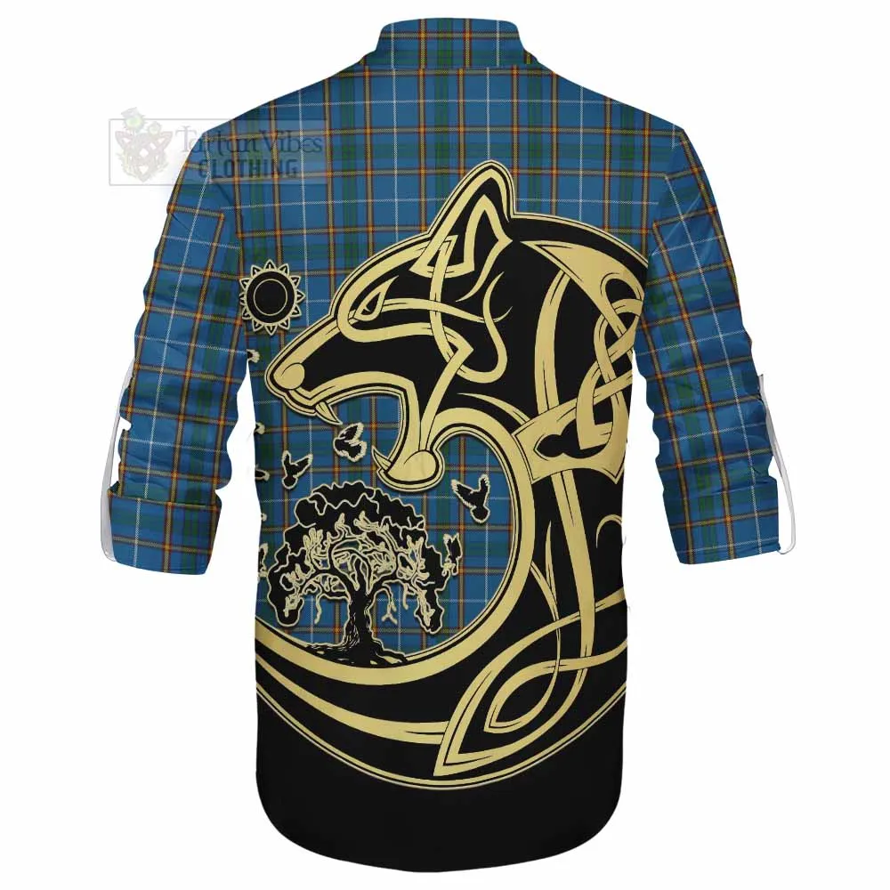 Bain Tartan Ghillie Kilt Shirt with Family Crest Celtic Wolf Style