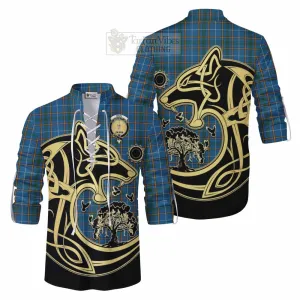 Bain Tartan Ghillie Kilt Shirt with Family Crest Celtic Wolf Style