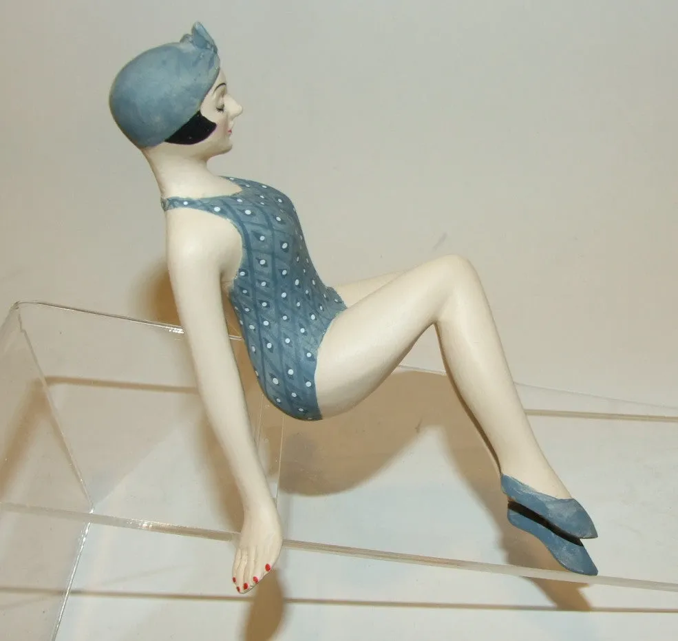 Bathing Beauty Figurine Figure Shelf Sitter Blue & White Diamond Pattern Art Deco