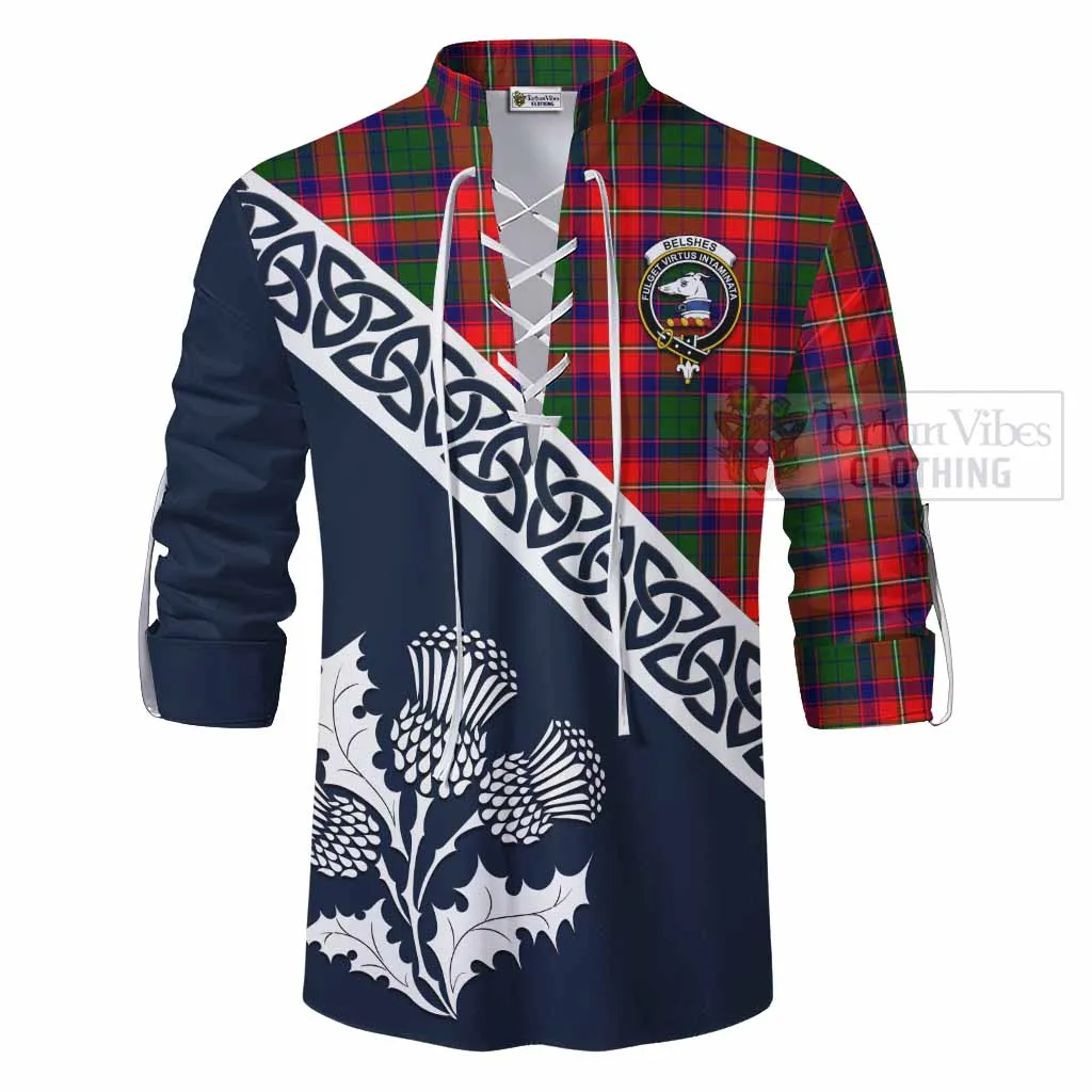 Belshes (Belsches) Tartan Ghillie Kilt Shirt Featuring Thistle and Scotland Map