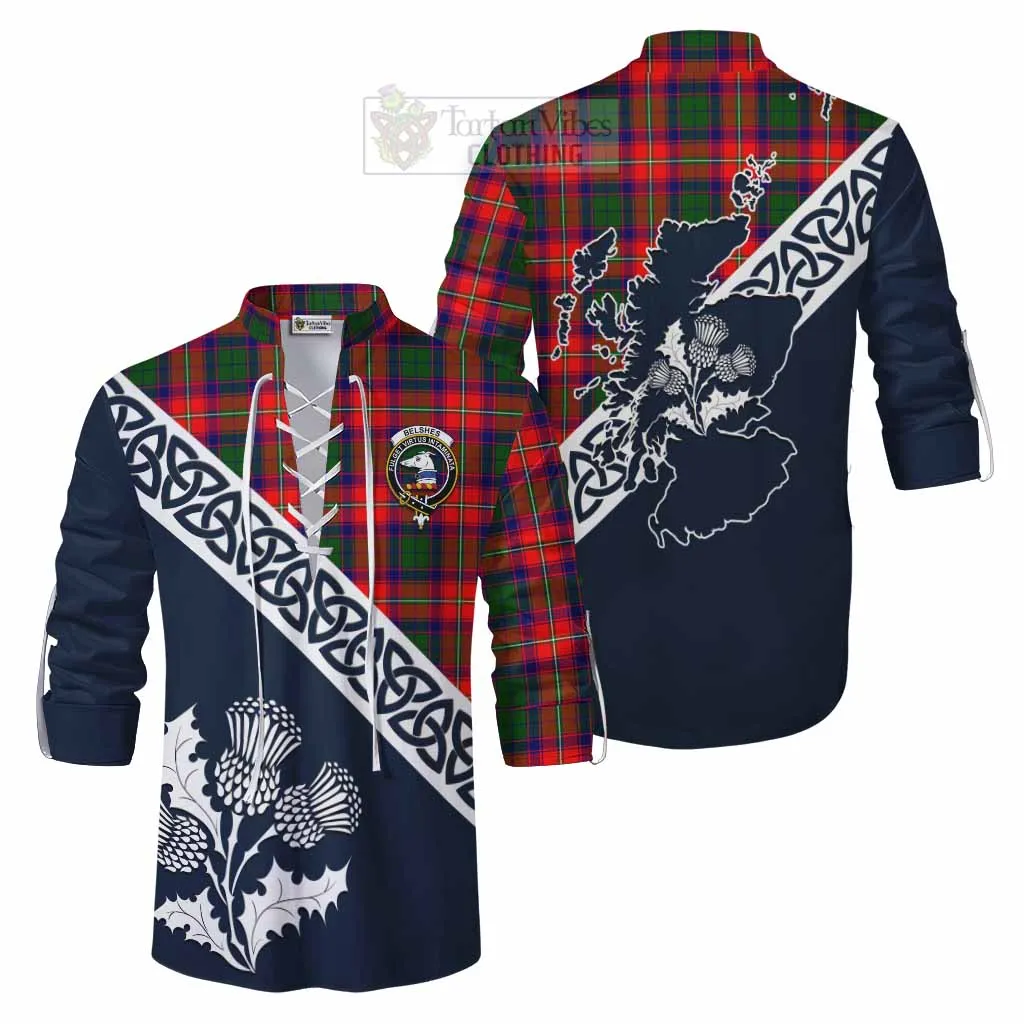 Belshes (Belsches) Tartan Ghillie Kilt Shirt Featuring Thistle and Scotland Map