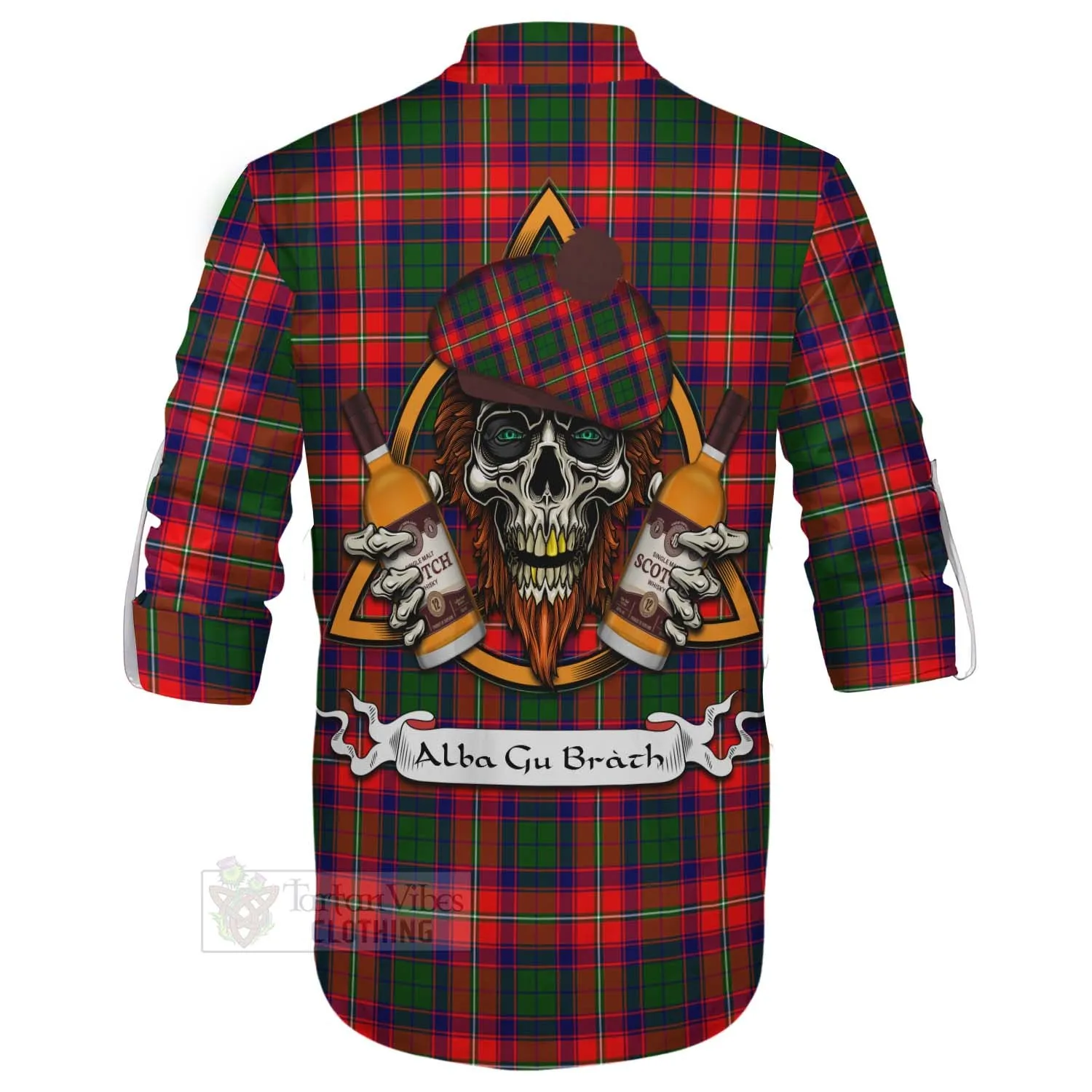 Belshes (Belsches) Tartan Ghillie Kilt Shirt with Family Crest and Bearded Skull Holding Bottles of Whiskey
