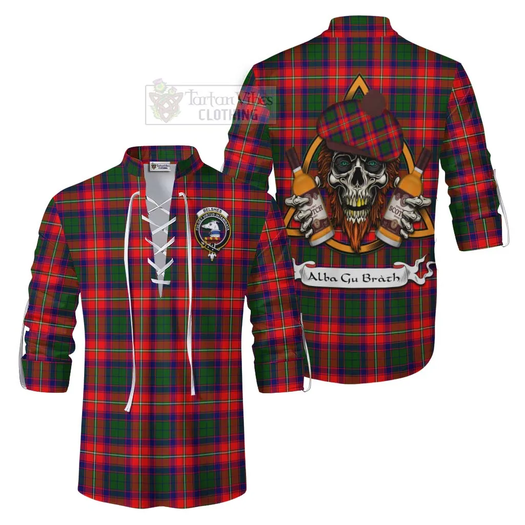 Belshes (Belsches) Tartan Ghillie Kilt Shirt with Family Crest and Bearded Skull Holding Bottles of Whiskey