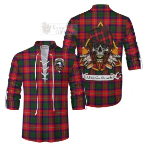Belshes (Belsches) Tartan Ghillie Kilt Shirt with Family Crest and Bearded Skull Holding Bottles of Whiskey