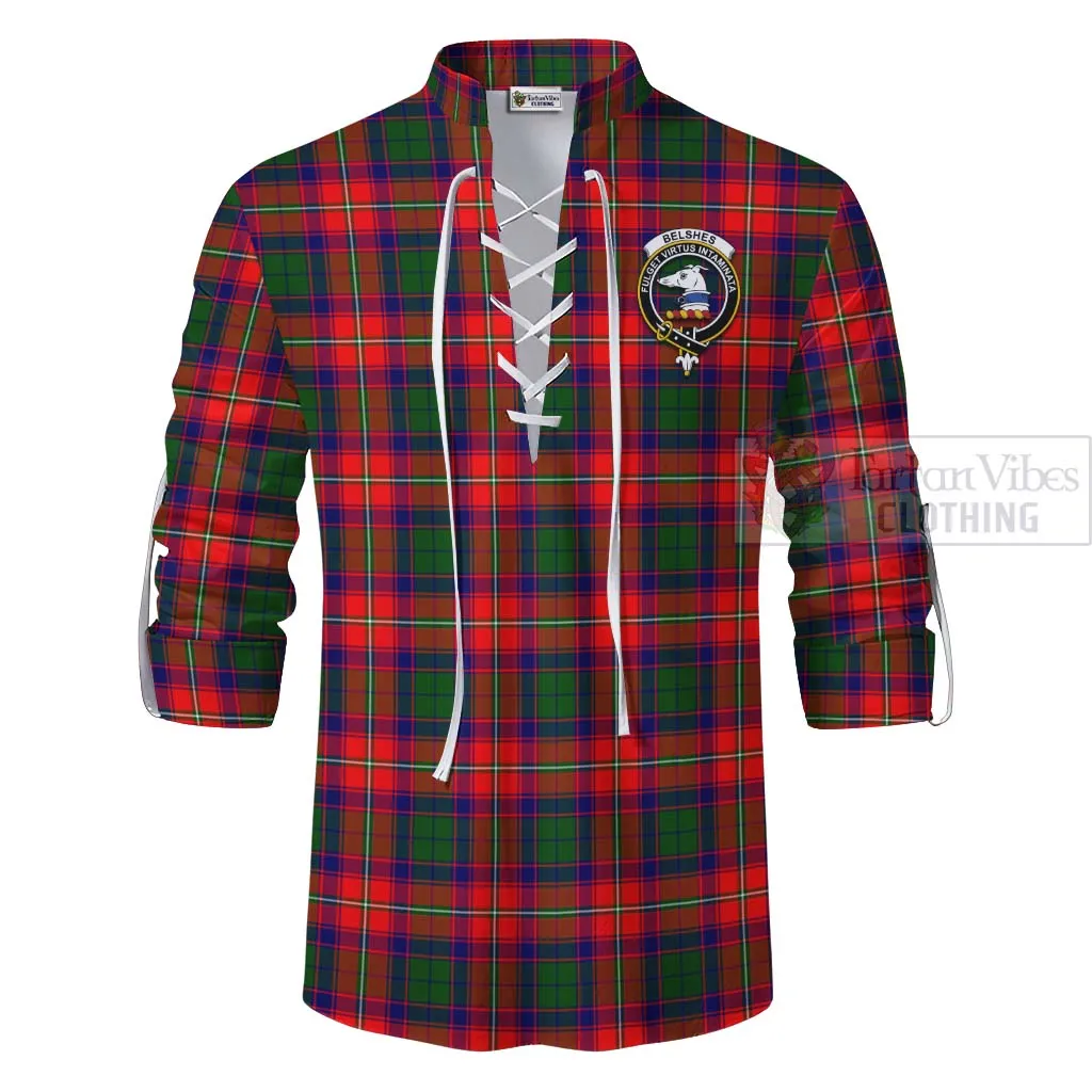Belshes (Belsches) Tartan Ghillie Kilt Shirt with Family Crest and Bearded Skull Holding Bottles of Whiskey