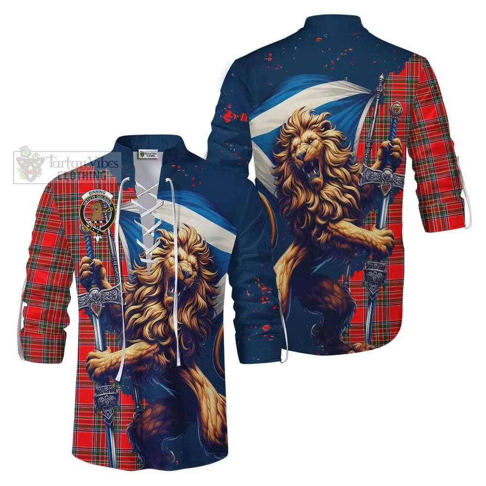 Binning Tartan Family Crest Ghillie Kilt Shirt with Scottish Majestic Lion