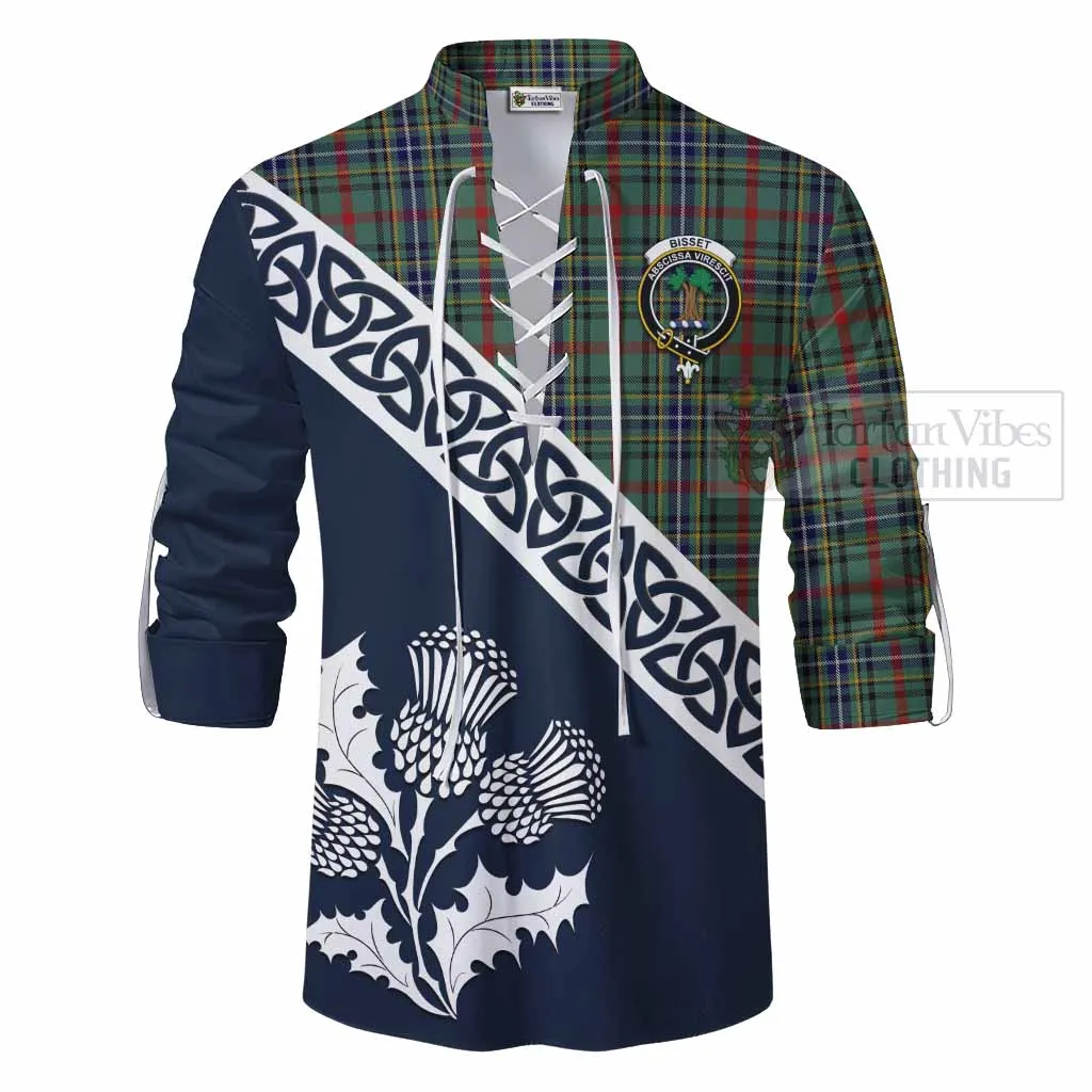 Bisset Tartan Ghillie Kilt Shirt Featuring Thistle and Scotland Map