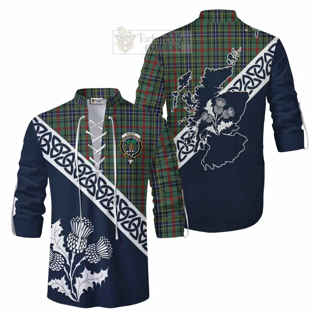 Bisset Tartan Ghillie Kilt Shirt Featuring Thistle and Scotland Map
