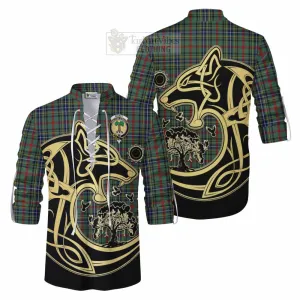 Bisset Tartan Ghillie Kilt Shirt with Family Crest Celtic Wolf Style