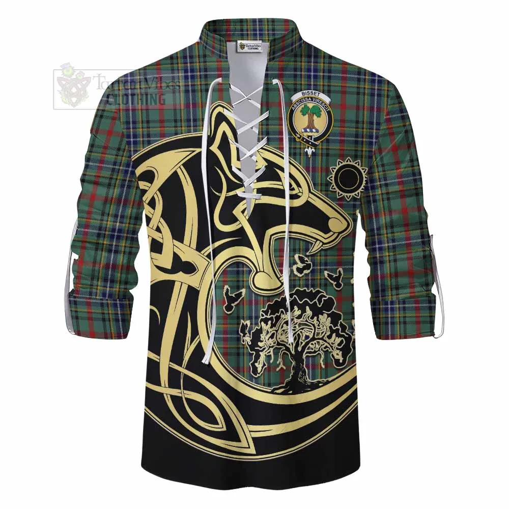 Bisset Tartan Ghillie Kilt Shirt with Family Crest Celtic Wolf Style
