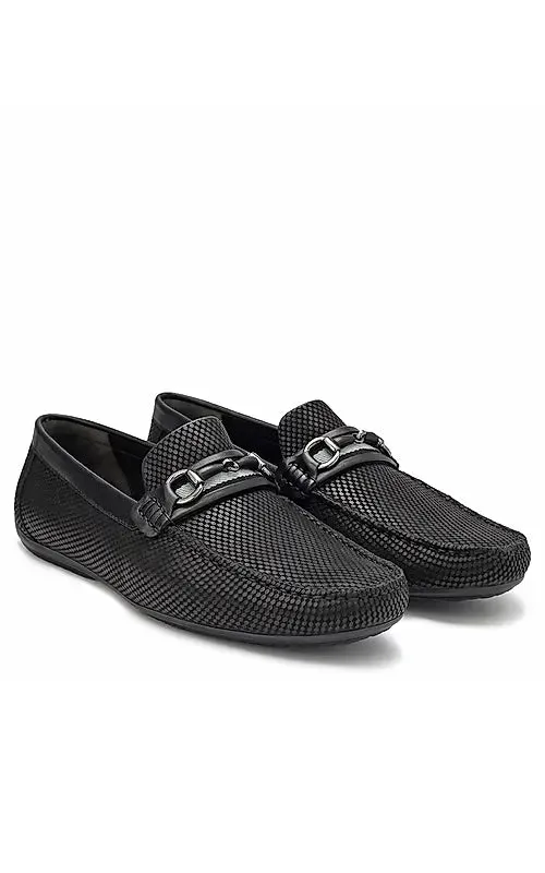 Black Laser Print Leather Moccasins