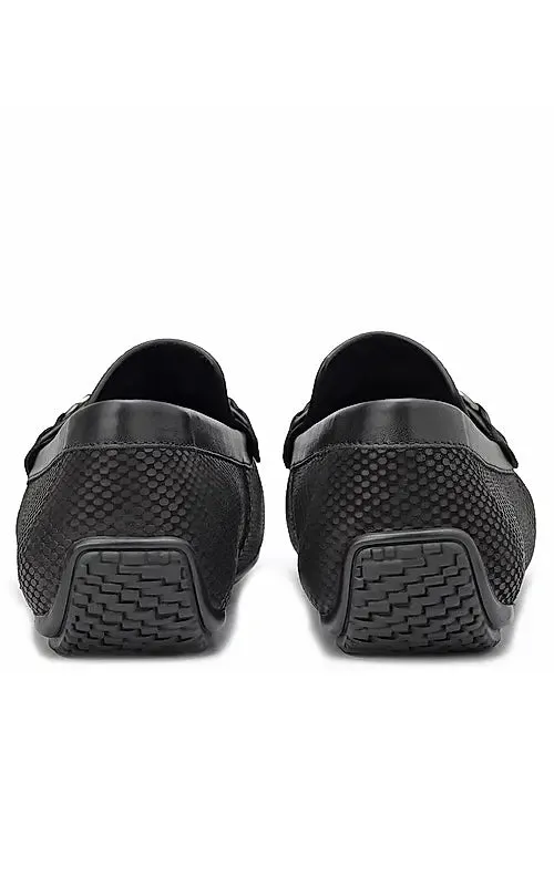 Black Laser Print Leather Moccasins