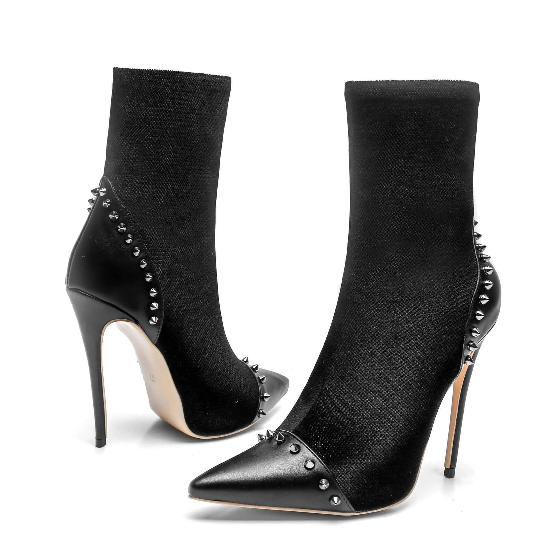 Black Rivet High Heel Pointed Toe Calf Boots